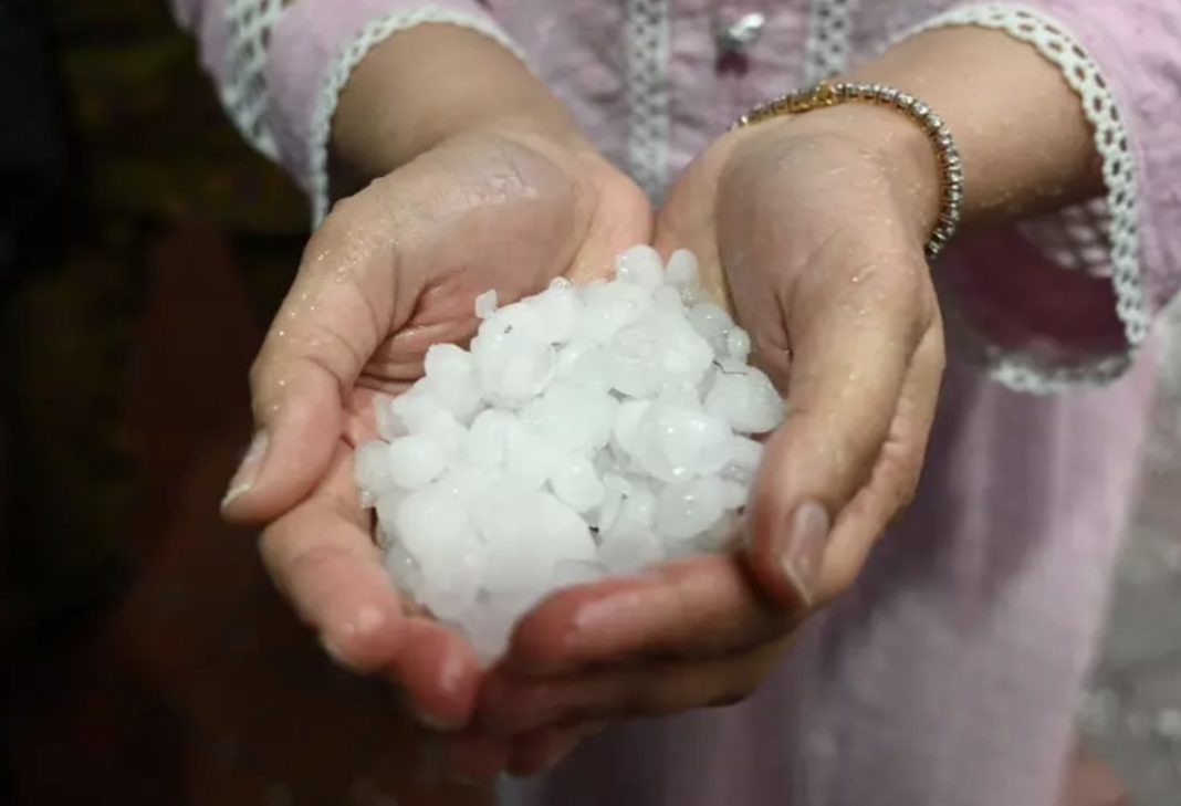 Person cupping a handful of white ice pellets (hailstones) in pink lace sleeves.