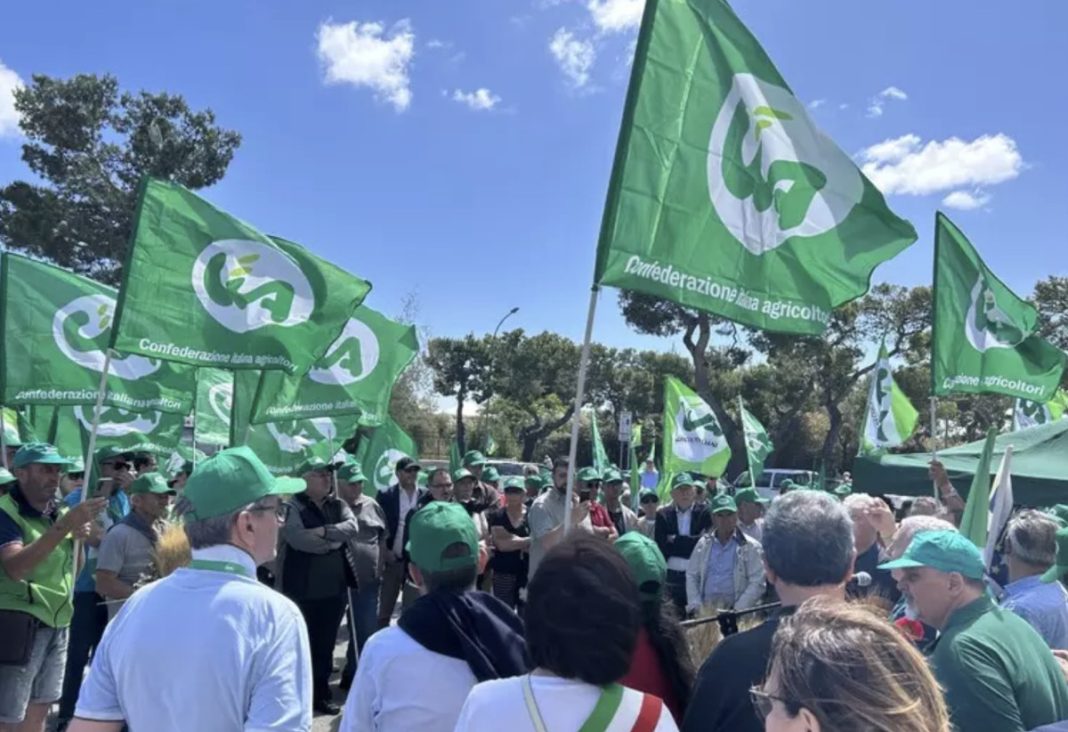 Group of people at a Green Flags rally; many hold flags reading Confederazione italiana agricoltori (Italian Farmers' Confederation).