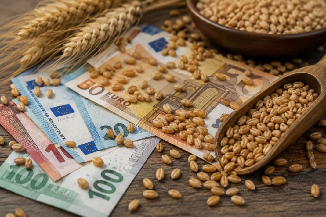 Euro banknotes scattered with wheat grains on a rustic wooden table, a bowl of grain and a wooden scoop nearby.